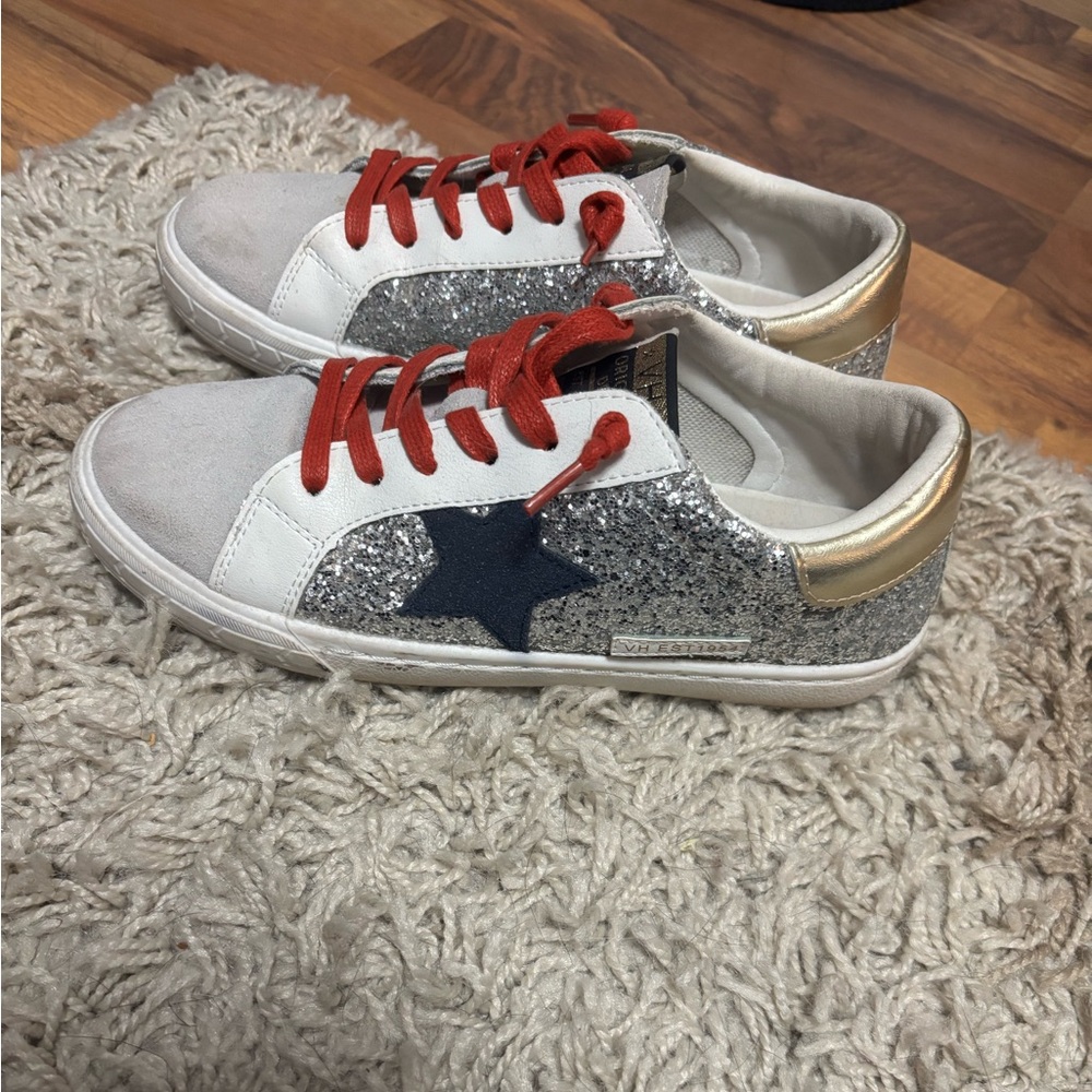 Vintage Havana Silver Glitter Sneakers with Navy Star and Red Laces